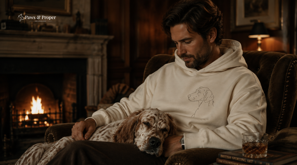 Person relaxing with their dog by a fireplace at a luxury dog-friendly UK hotel, wearing a minimalist line-art pet lover hoodie by Paws & Proper.