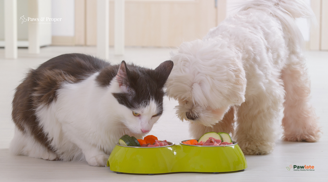  A cat and a small white dog sharing fresh food from green bowls indoors.