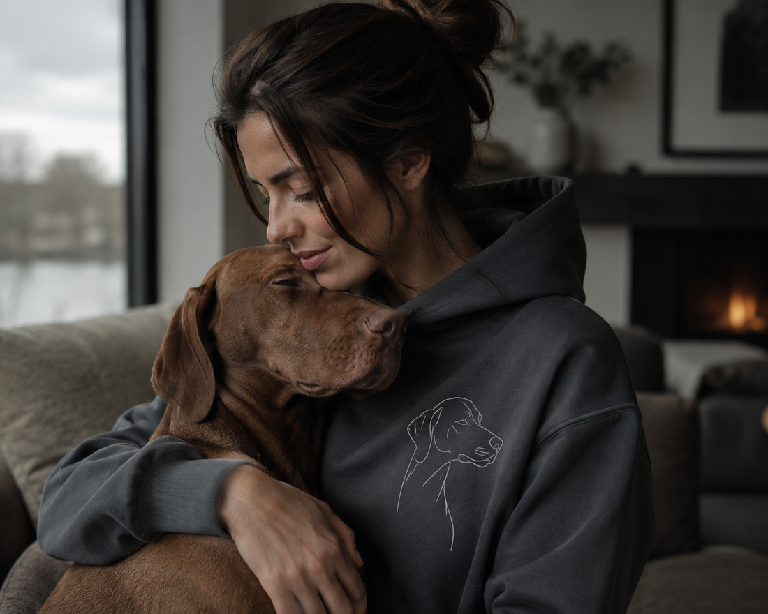 Woman wearing minimalist dog lover hoodie Paws & Proper in London street style scenario