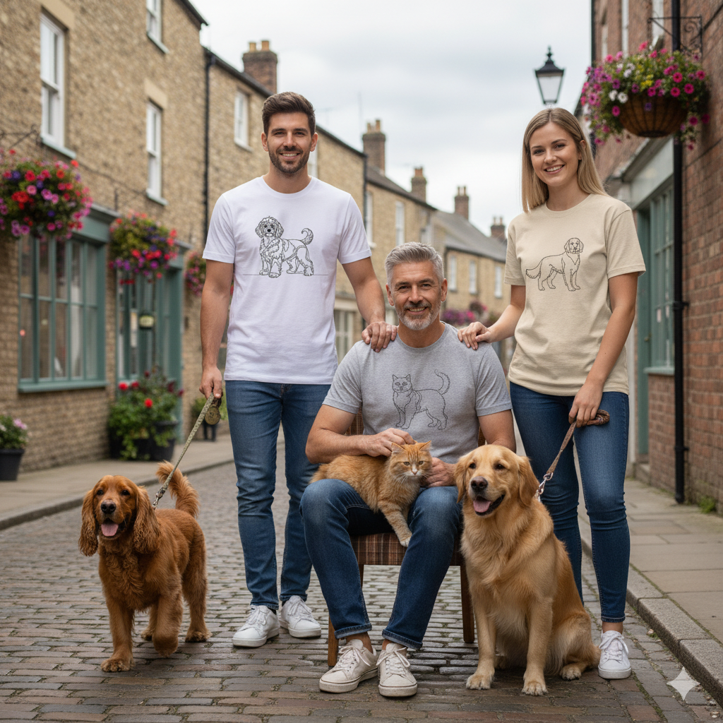 Discover our collection of premium unisex t-shirts featuring minimalist line art of dogs and cats. High-quality, British-made apparel for the discerning pet lover. Shop now.